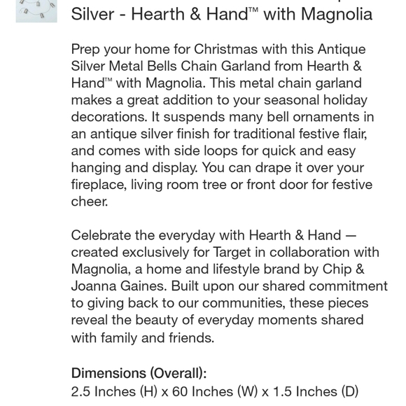 5' Metal Bells Chain Garland Antique Silver - Hearth & Hand with Magnolia - Picture 7 of 10